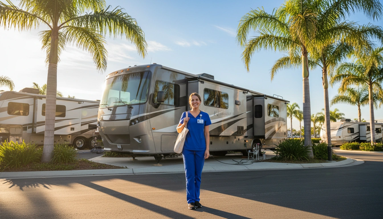 Healthcare professional arriving at Diamond Valley RV Park in San Jacinto CA after nursing shift