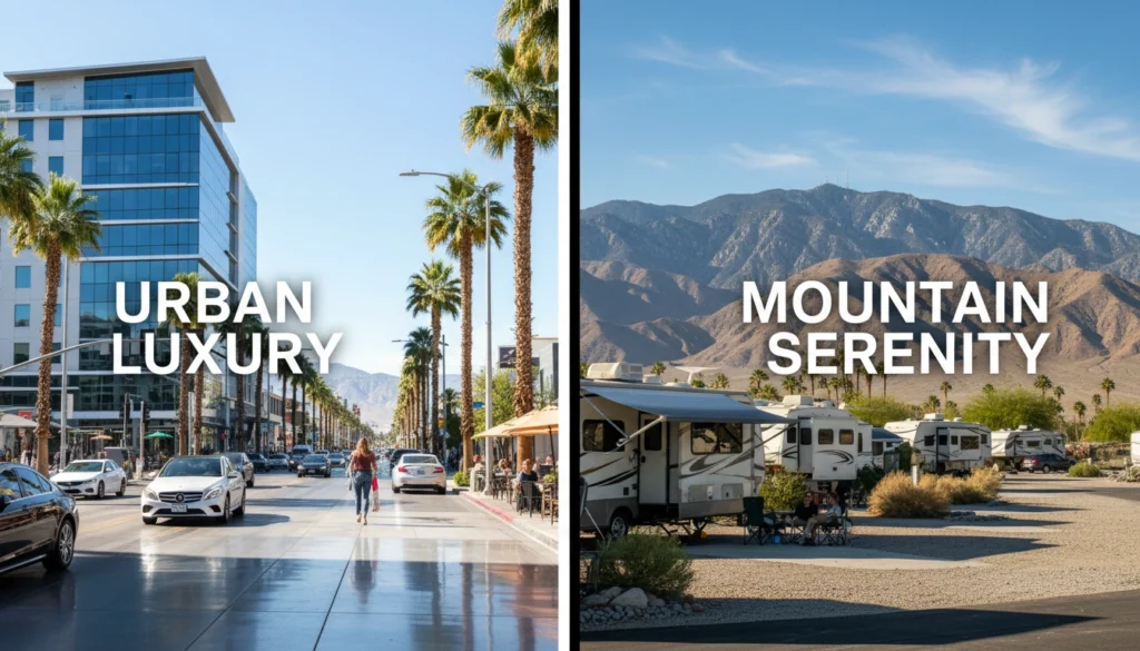 Split view of Palm Springs luxury strip vs peaceful Hemet Valley mountains California