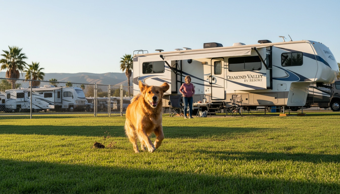 Happy dog running in the dog park at Diamond Valley RV Park San Jacinto California