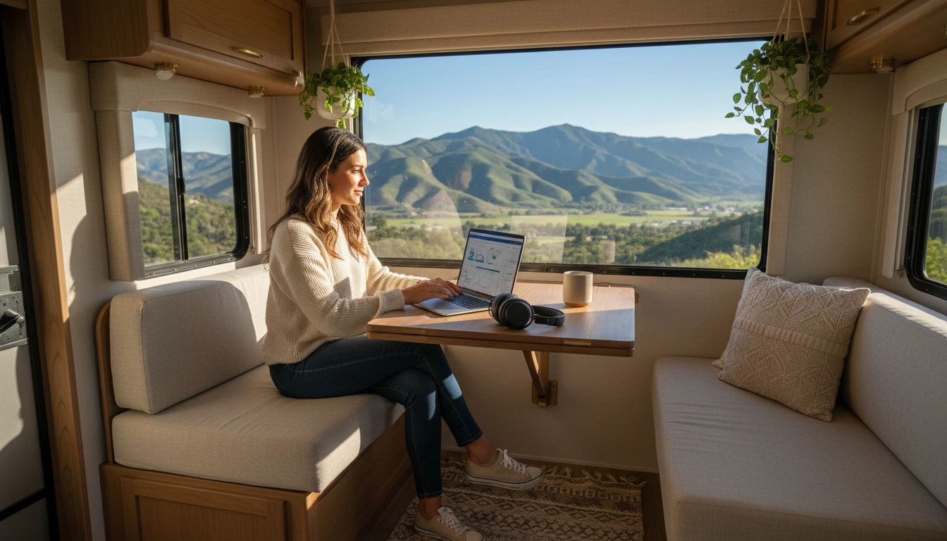 Remote worker on laptop inside RV with California mountains visible through window