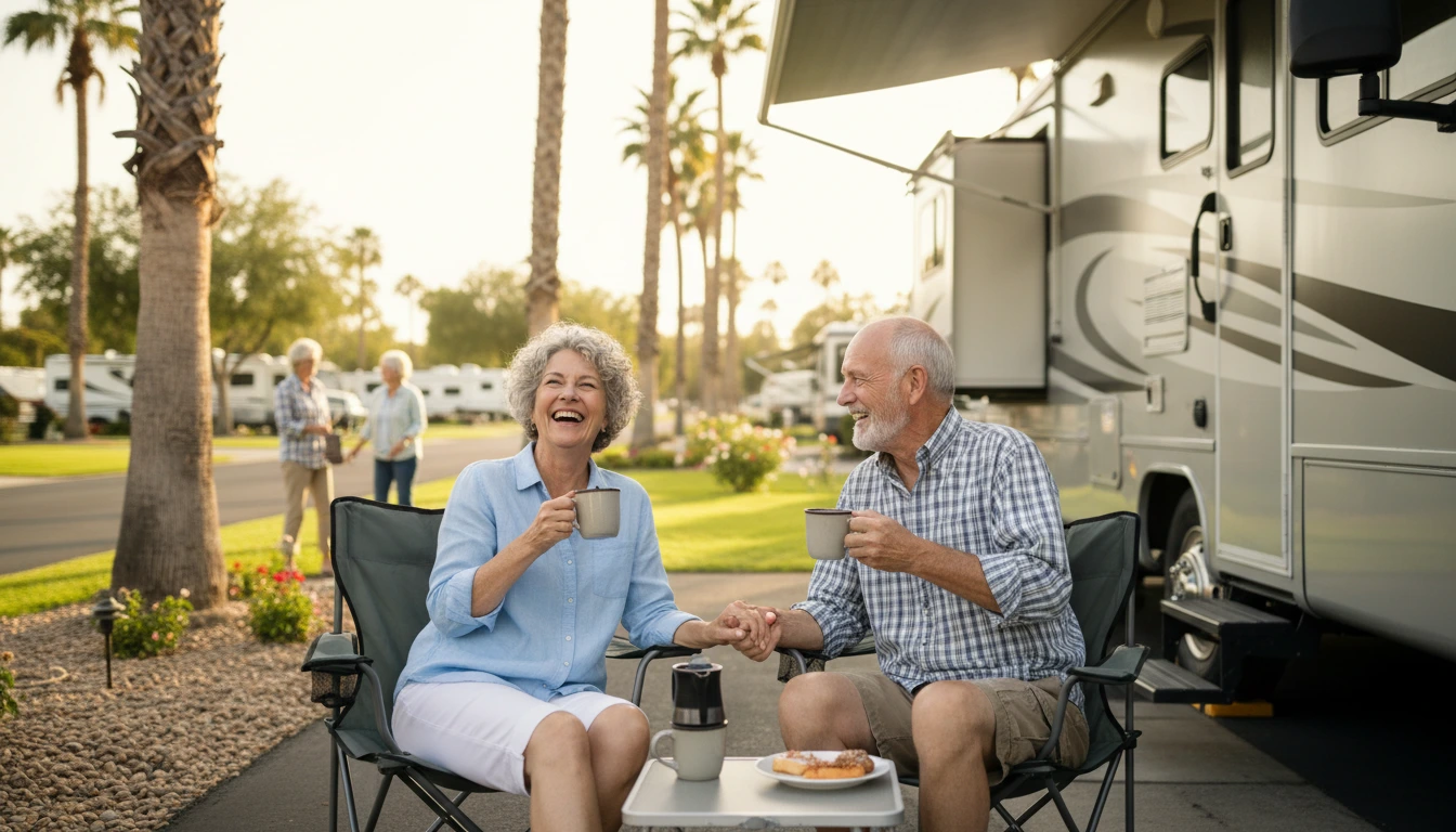 Retired couple enjoying morning coffee outside their RV at Diamond Valley RV Park San Jacinto CA
