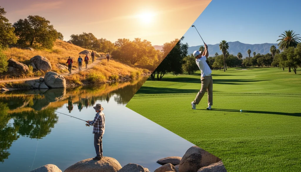 Panoramic view of Diamond Valley Lake at golden hour near San Jacinto CA